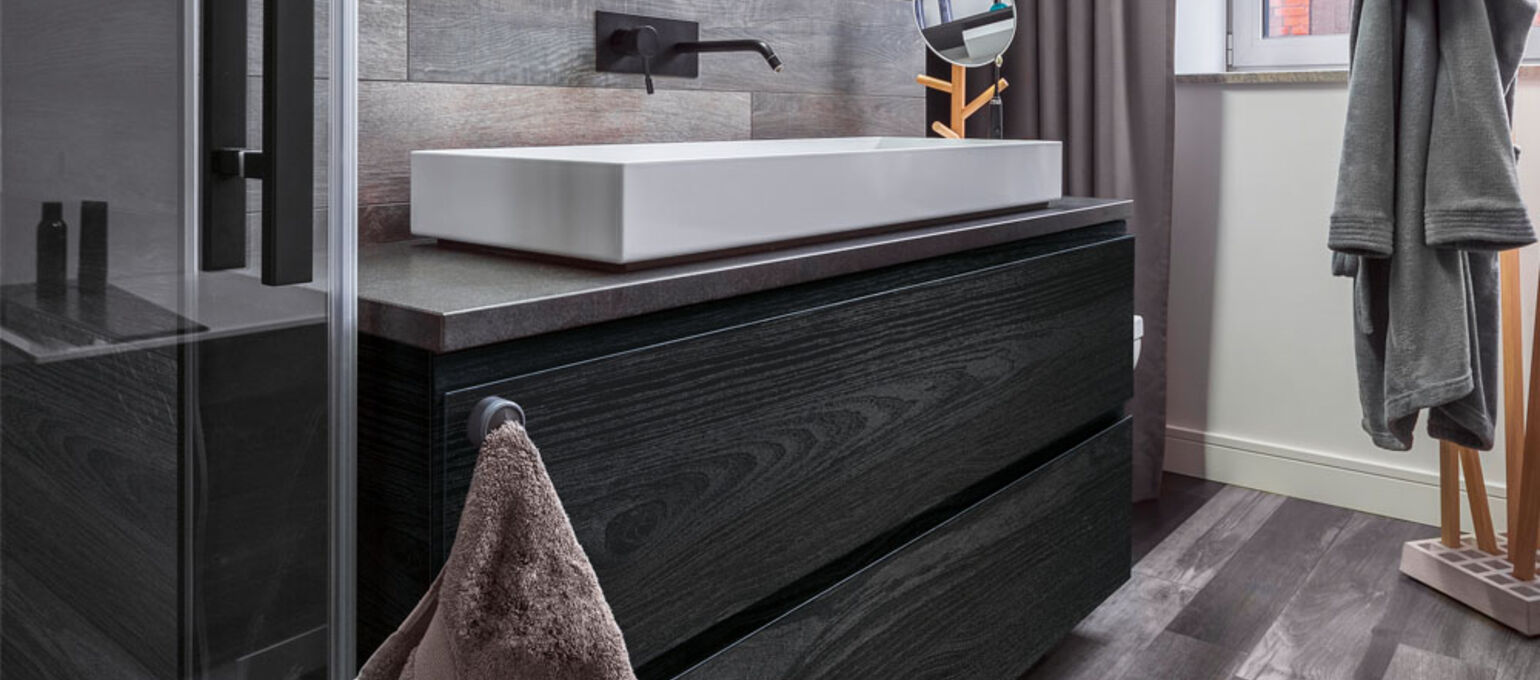 Façade des tiroirs avec feuille pour meubles en noir et anthracite (salle de bains)